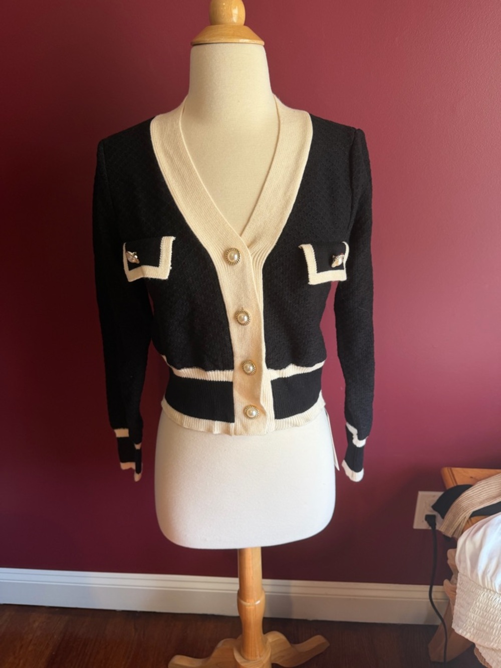 Black and Cream V-Neck Knit Cardigan with Pearl Buttons